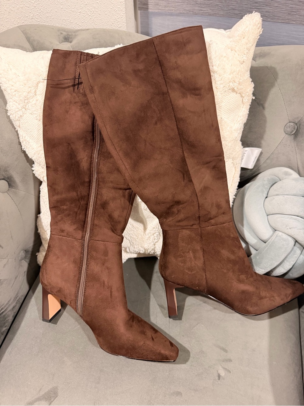 Women's Over-the-Knee Brown Suede Block Heel Boots - Picture 2 of 5